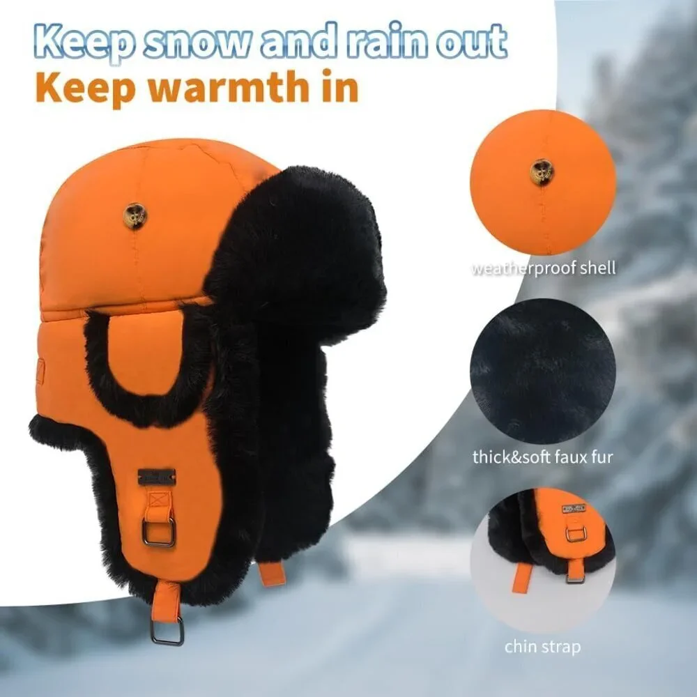Unisex Orange Taslon Faux Fur Aviator Ski Trooper Pilot Ear Flaps Hat